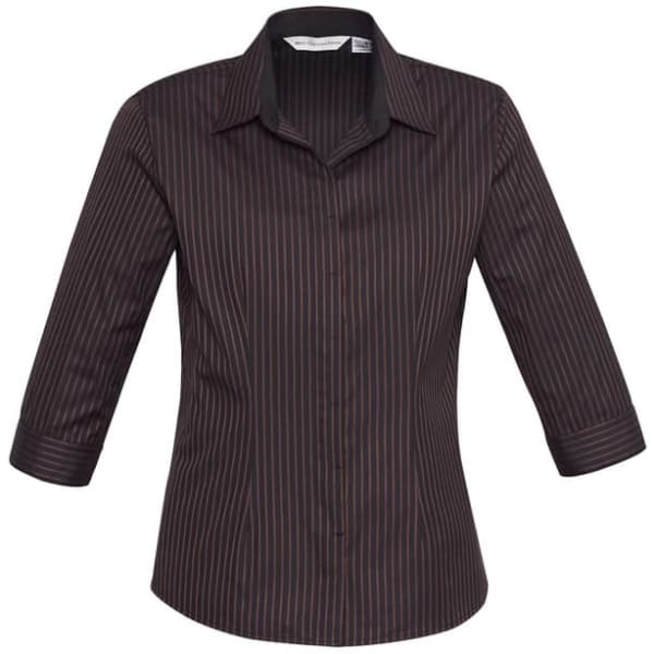 A button-up shirt in brown with vertical stripes, featuring 3/4 sleeves and a collar. It includes a logo.