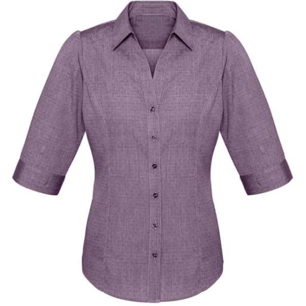 A ladies' button-up shirt in a rich purple hue with 3/4 sleeves and a collar, featuring buttons down the front.