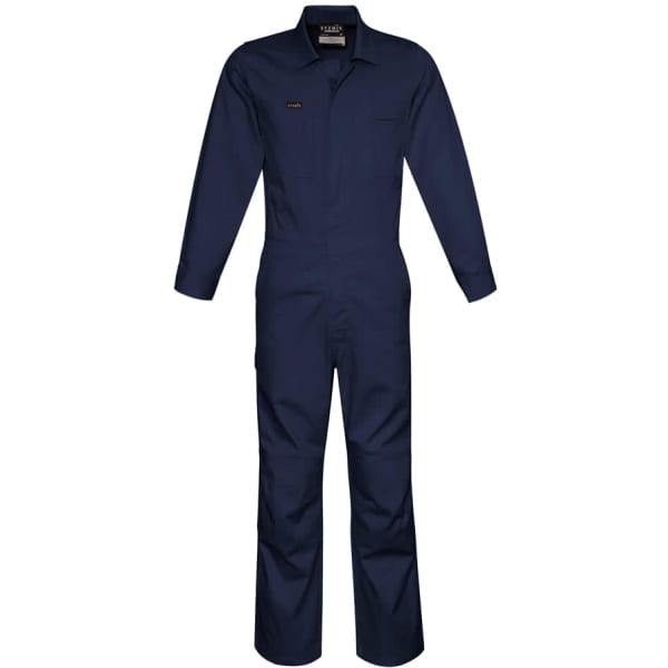 A navy men's lightweight cotton drill overall with long sleeves and a chest pocket, featuring a logo.