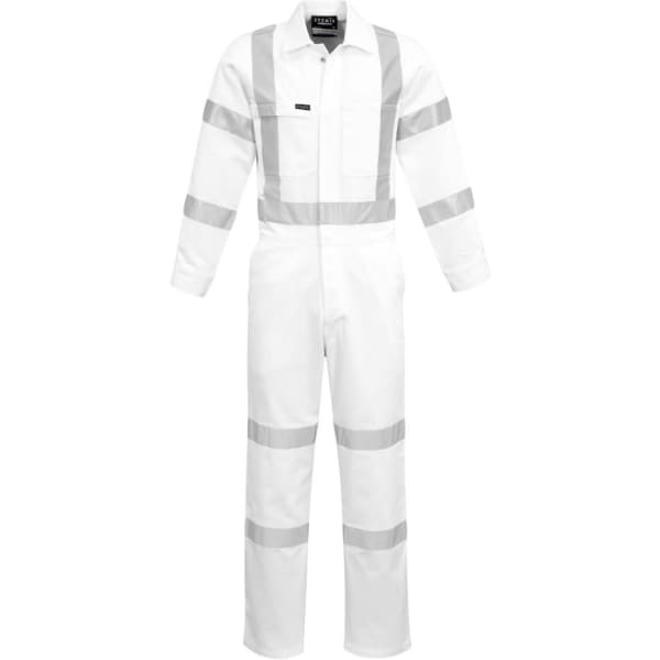A white overall featuring reflective stripes, with pockets and a logo on the front.