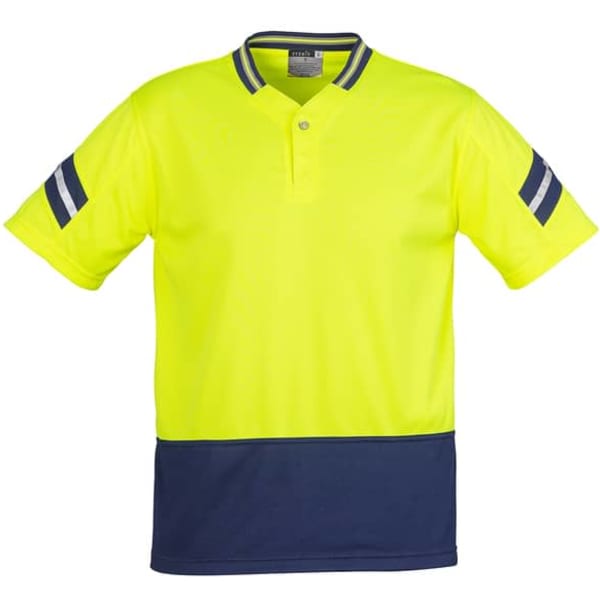A bright yellow short sleeve polo shirt with navy blue accents and a logo on the chest.
