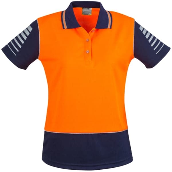 A women's short sleeve polo in bright orange and navy, featuring a logo and reflective stripes on the sleeves.