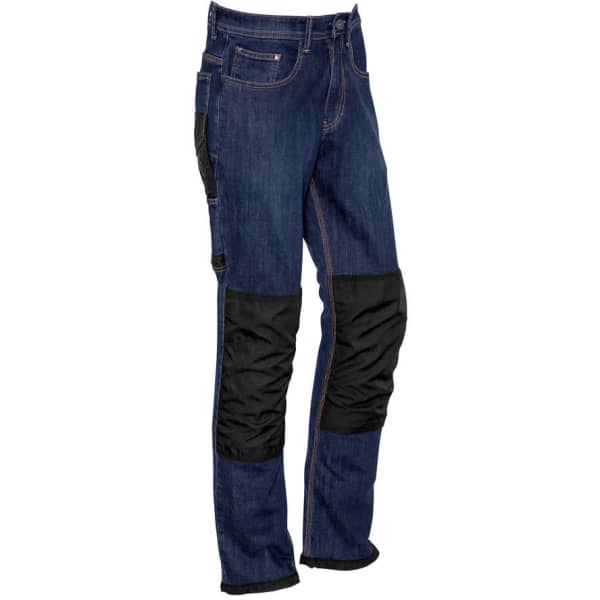 Men's CORDURA® stretch denim work jeans in dark blue with black reinforced panels and a logo.