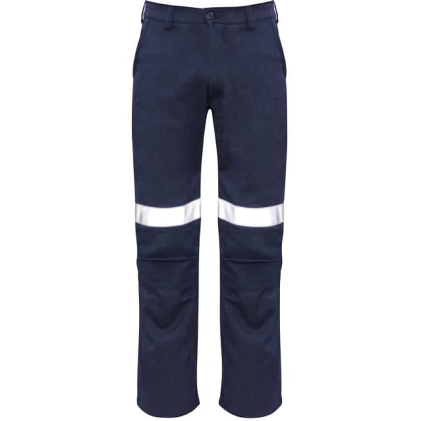 Navy blue work pants featuring reflective tape along the legs, designed for safety and comfort in a traditional style.