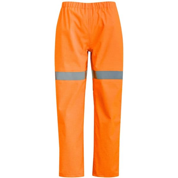 Bright orange waterproof pants with reflective stripes and an elastic waistband, featuring a logo.