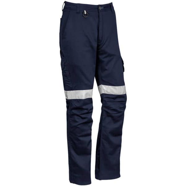 Navy work pants featuring cooling taped details, multiple pockets, and a secure waist for rugged use. Includes a logo.