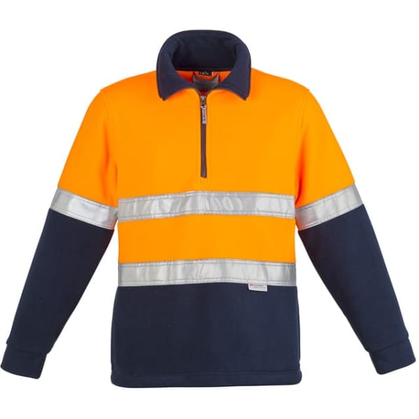 A unisex hi-vis polar fleece pullover in orange and navy blue, featuring reflective hoop tape and a zip neckline.
