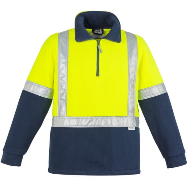 A unisex polar fleece pullover in high visibility yellow and navy, featuring reflective tape and a zip collar.