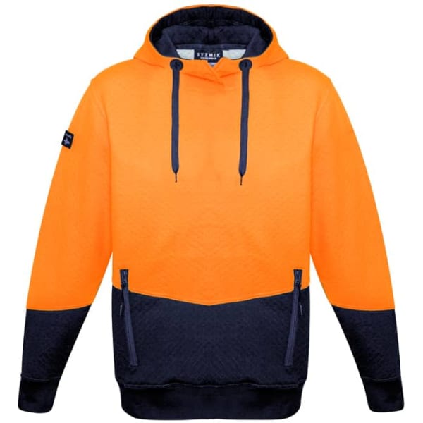 A unisex hi-vis textured jacquard hoodie in bright orange and navy, featuring a logo on the sleeve.