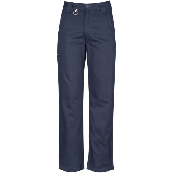 Men's plain utility pants in navy blue, featuring a belt loop and side pocket. The pants have a simple design and a logo.