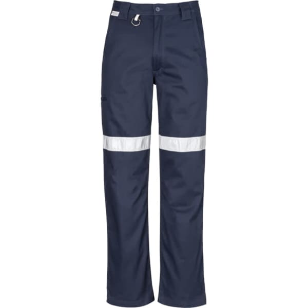 A pair of navy blue utility pants featuring reflective tape and a logo, designed for workwear.