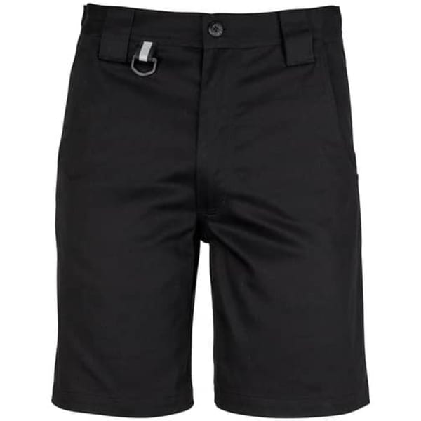 Plain black utility shorts with a button closure and a loop detail on the front. Features pockets and a branding logo.