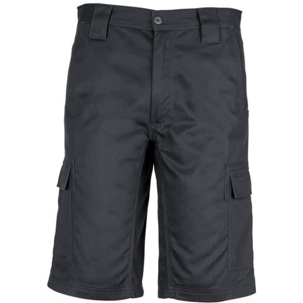 Midweight drill cargo shorts in black, featuring multiple pockets and a waistband with belt loops. Includes a logo.