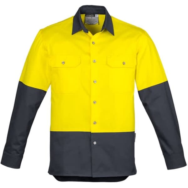 A bright yellow and dark grey long sleeve work shirt featuring two chest pockets and a logo.