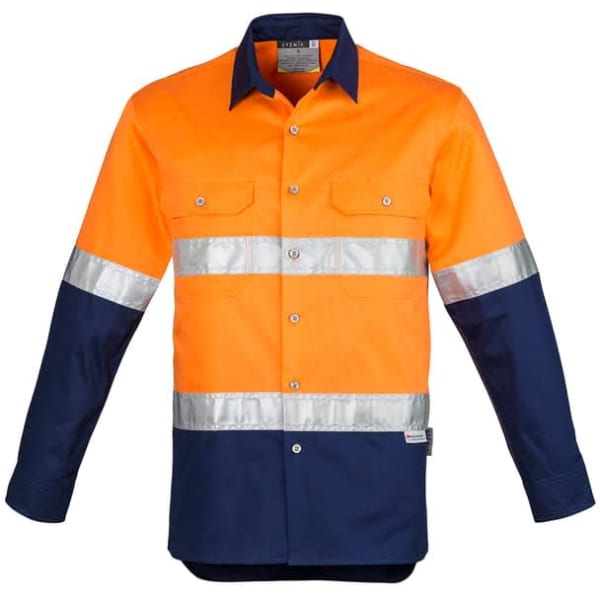 A long sleeve work shirt featuring orange and navy colours with reflective hoop tape and dual chest pockets.