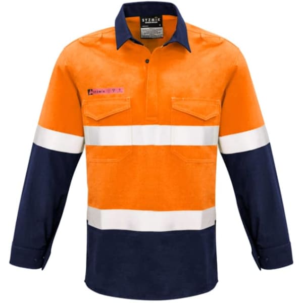 An orange and navy work shirt featuring hooped tape and a logo, designed for men's workwear.
