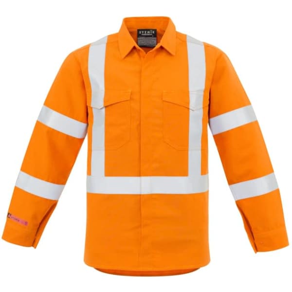 A long-sleeved high visibility shirt in orange with reflective stripes and a logo on the sleeve.