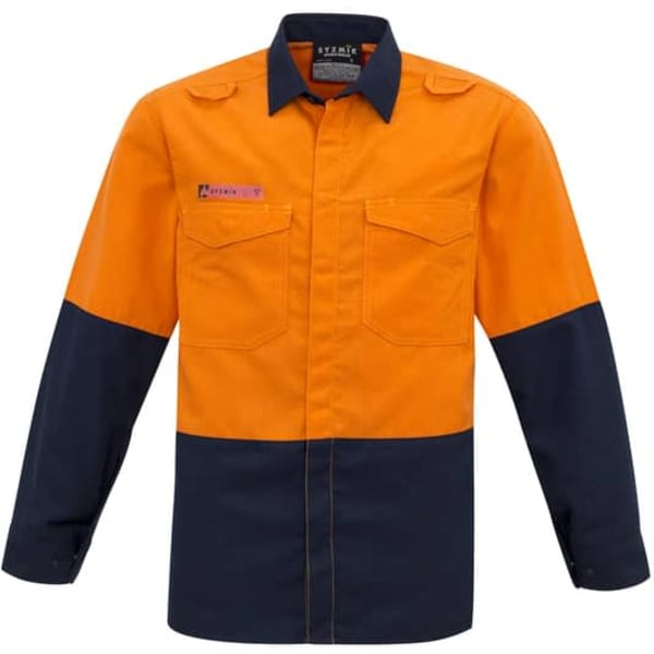 A high-visibility work shirt featuring orange and navy blue colours, with two chest pockets and a branding logo.