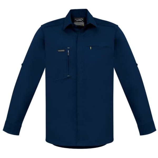 A navy long-sleeve stretch shirt with a pocket and branding, designed for workwear.