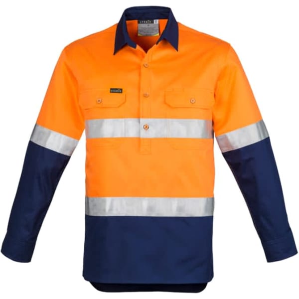 Long sleeve work shirt with hoop tape design, featuring orange and navy colours. Includes a logo on the front.