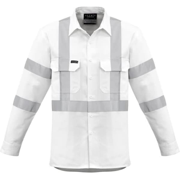 A long sleeve work shirt in white with reflective tape, featuring two chest pockets and a logo.