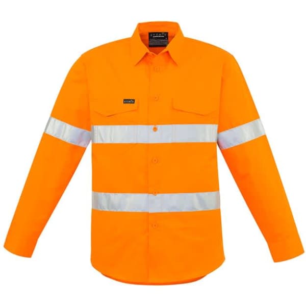A long sleeve shirt in bright orange with reflective hoop tape and a logo on the chest.