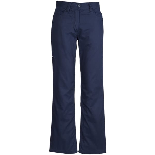 A pair of navy blue women's utility pants featuring a straight leg design and front pockets.