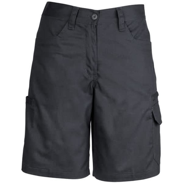 Utility shorts in black, featuring a classic four-pocket design and a side cargo pocket, suitable for workwear.