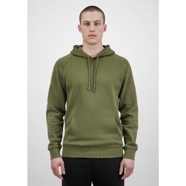 A men's olive green hoodie with a hood, front pocket, and ribbed cuffs. It has a logo on the front.
