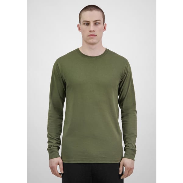 A long sleeve tee in olive green, featuring a fitted design and a round neck. It has a subtle logo.