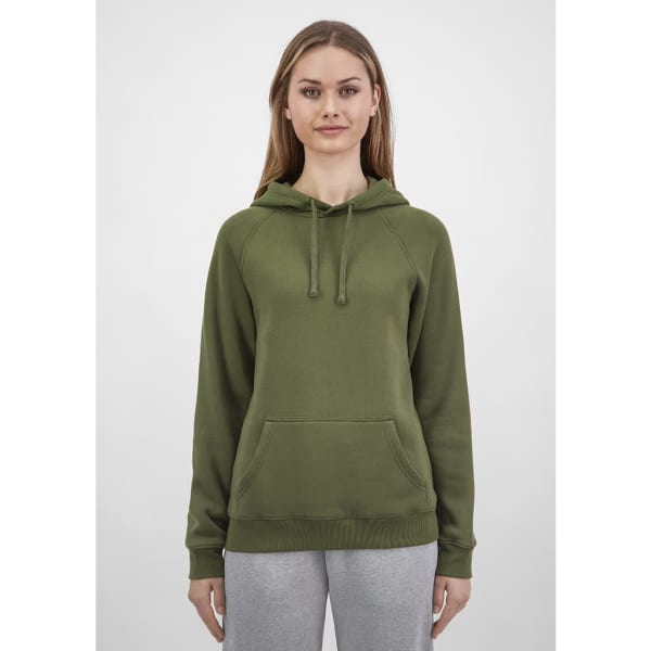 A women's hoodie in olive green, featuring a hood, front pouch pocket, and ribbed cuffs. It has a logo on the clothing.