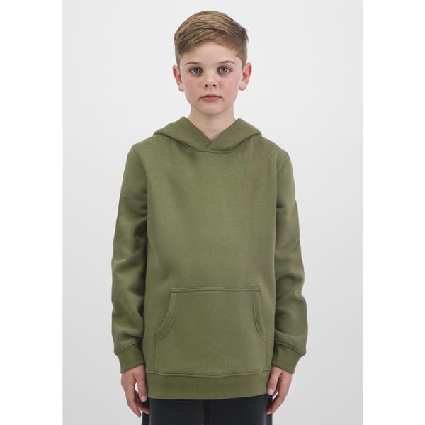 A green hoodie with a front pocket and a hood, featuring a branding logo on the front.