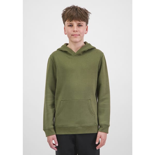 A green youth hoodie with a front pocket and a drawstring hood, featuring an applique logo.