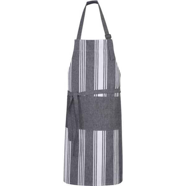 A grey and white striped apron with an adjustable neck strap and a waist tie, featuring a front pocket.