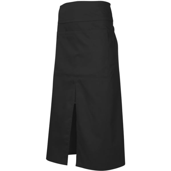 A black apron with a straight cut, featuring a back pocket and a side slit for ease of movement.