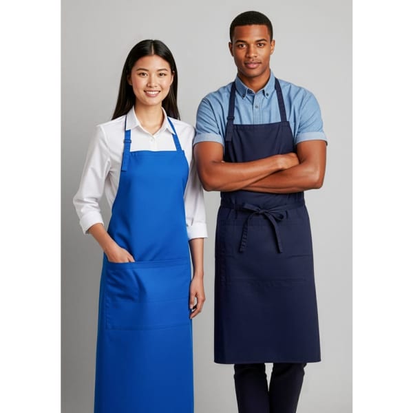A blue bib apron and a navy bib apron on two models, one male and one female, standing side by side.