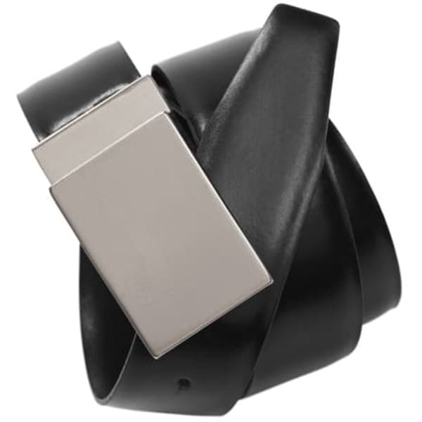 A black corporate belt featuring a sleek silver buckle and a smooth, twisted design.