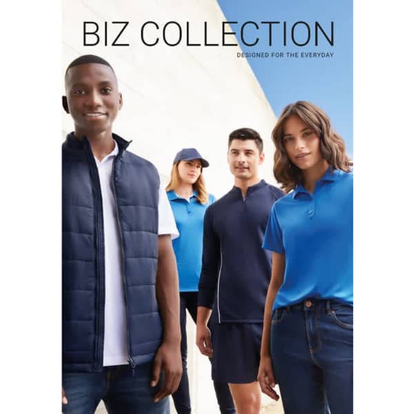 A group of four models wearing blue and navy uniforms, featuring a vest, polo shirts, and a cap. The image includes branding.