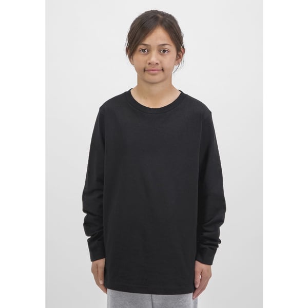 A black long sleeve tee for kids displayed on a model with a neutral background.
