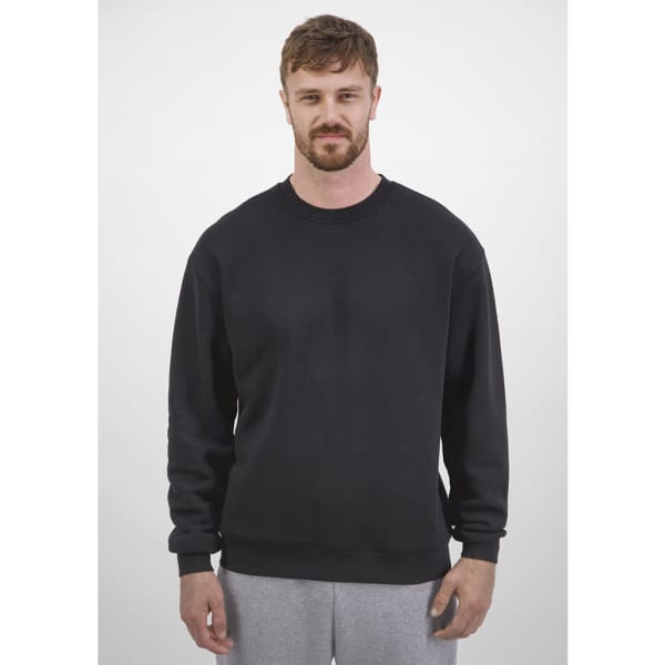 A black men's crew sweatshirt with a classic fit, displayed on a model wearing grey sweatpants.
