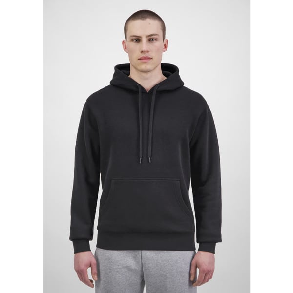 A men's everyday hoodie in black, featuring a front pocket and drawstring hood, modelled by a man.