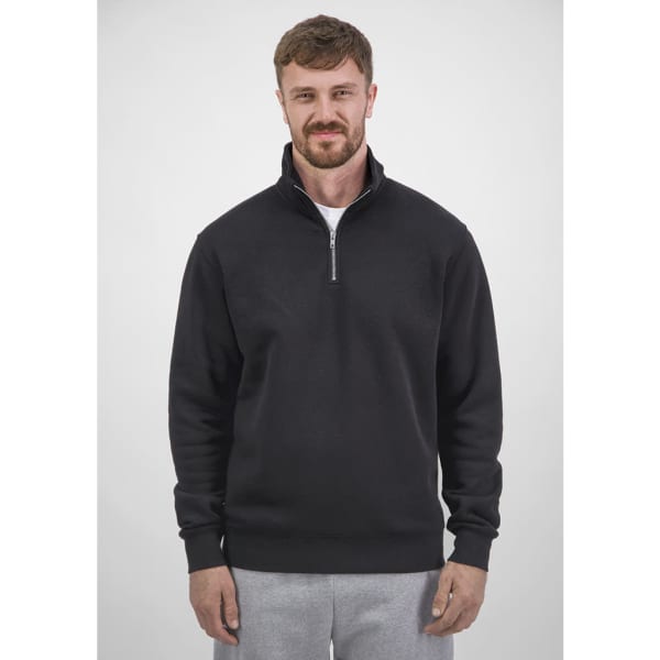 A black men's 1/4 zip sweatshirt, featuring a zippered collar and ribbed cuffs, worn by a male model.