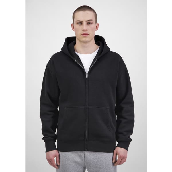 A black zip hoodie for men, featuring a hood and front pockets, worn by a model against a plain background.