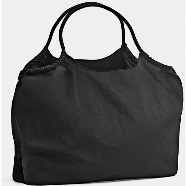 A black nylon tote bag with two handles and a spacious design. It features a logo on the side.