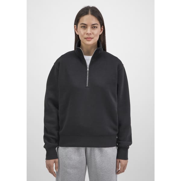 A black women's 1/4 zip sweatshirt featuring a high collar and long sleeves, displayed on a model.