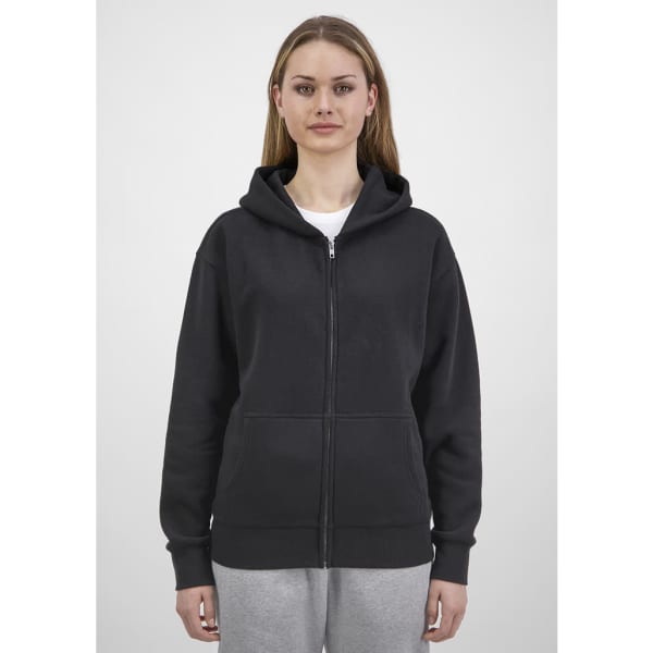 A black women's zip hoodie with a front zipper and hood, featuring a simple design and a logo.