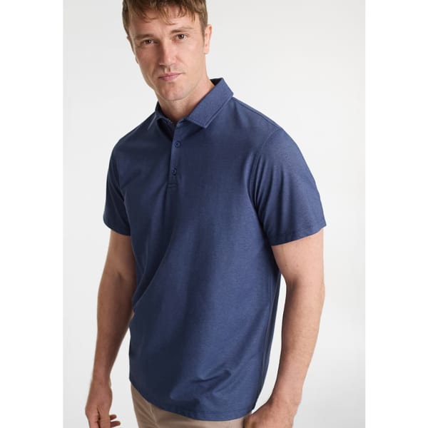 A short sleeve polo shirt in navy blue with a collar and a logo.