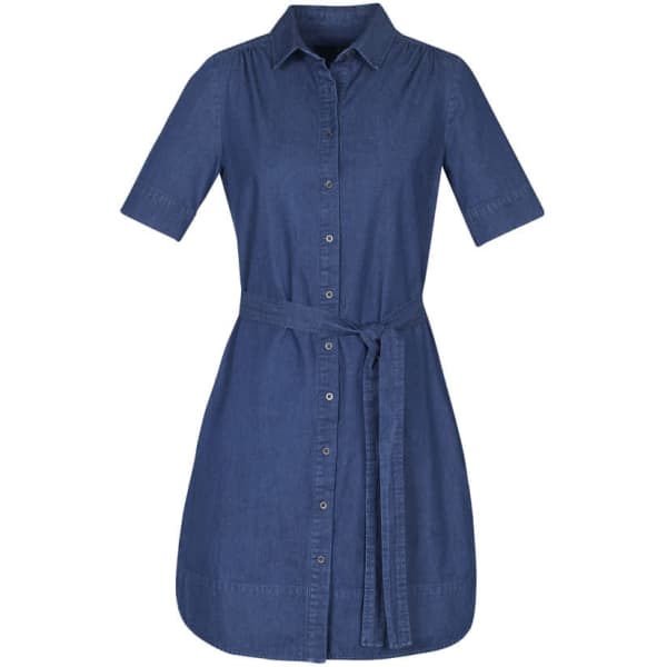 A women's denim dress with short sleeves, a button-down front, and a tied waist detail.