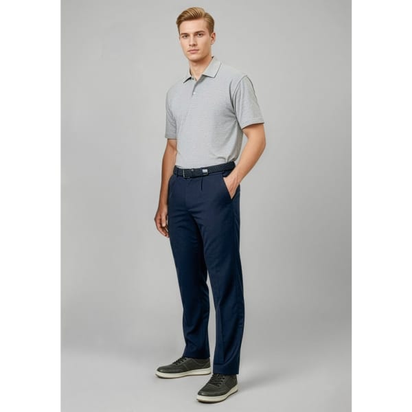 Men's regular fit pants in navy blue, displayed with a grey polo shirt and a belt. Includes a logo on the shirt.
