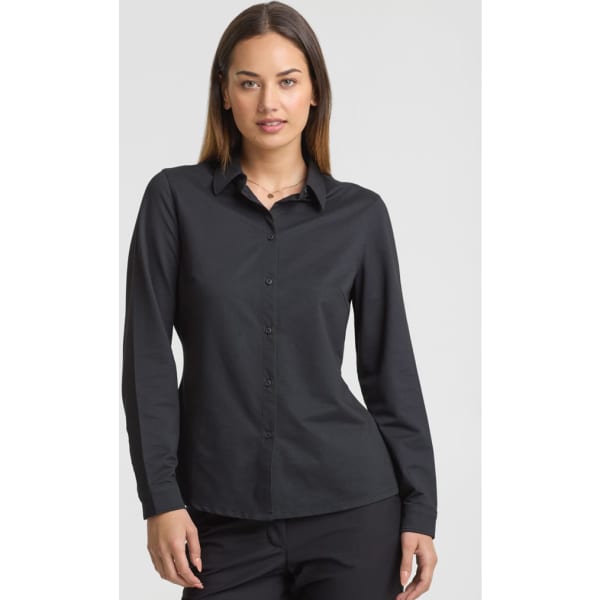 A black long sleeve shirt with a button front and collar, featuring a fitted silhouette and a small logo.